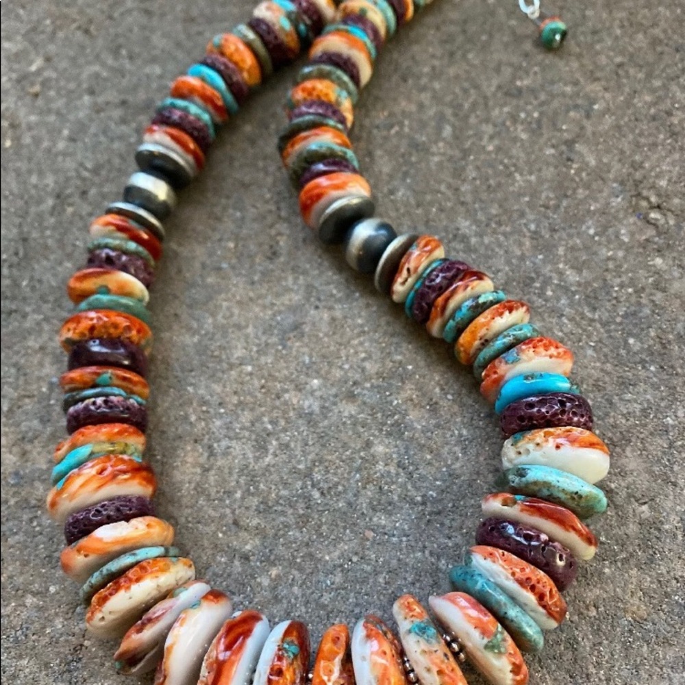 S.S.Multi StoneTurquoiseSpiny Oyster Bead Necklace - Picture 4 of 8